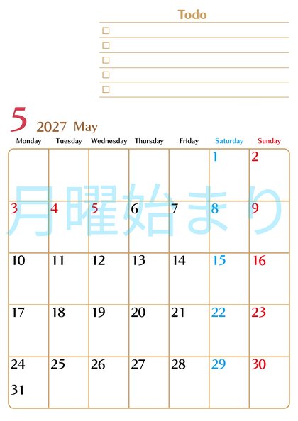 0146-2027年5月カレンダー 縦型・月曜始まり