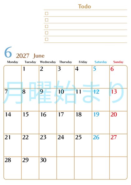 0146-2027年6月カレンダー 縦型・月曜始まり