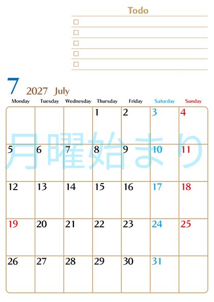 0146-2027年7月カレンダー 縦型・月曜始まり