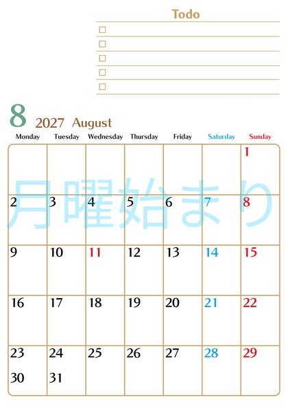 0146-2027年8月カレンダー 縦型・月曜始まり