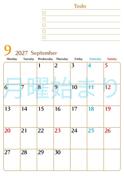 0146-2027年9月カレンダー 縦型・月曜始まり