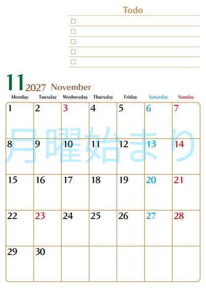 0146-2027年11月カレンダー 縦型・月曜始まり