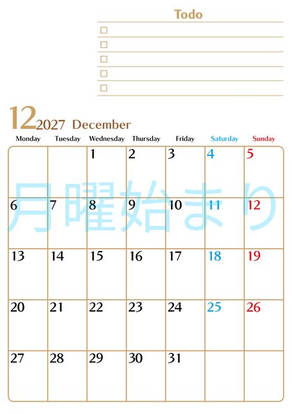 0146-2027年12月カレンダー 縦型・月曜始まり