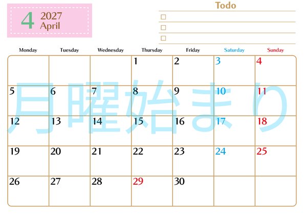 0146-2027年4月カレンダー 横型・月曜始まり