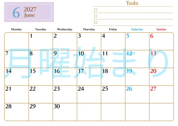 0146-2027年6月カレンダー 横型・月曜始まり