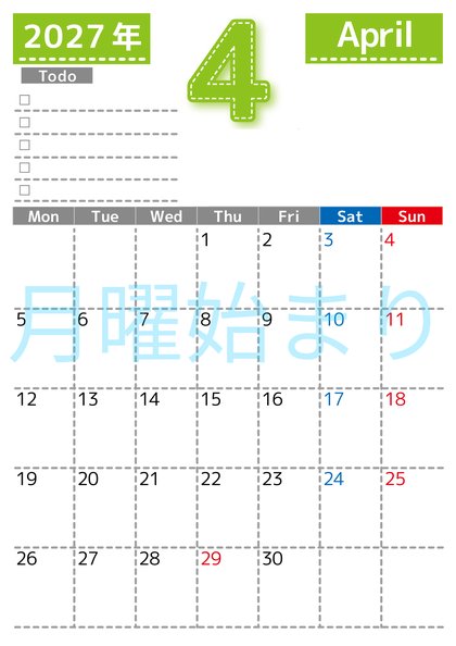 0147-2027年4月カレンダー 縦型・月曜始まり
