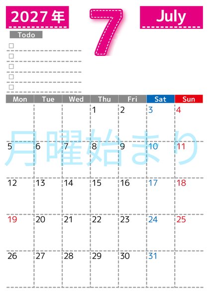 0147-2027年7月カレンダー 縦型・月曜始まり