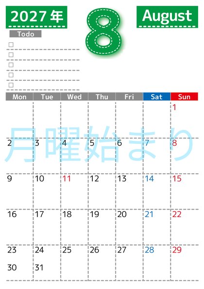 0147-2027年8月カレンダー 縦型・月曜始まり