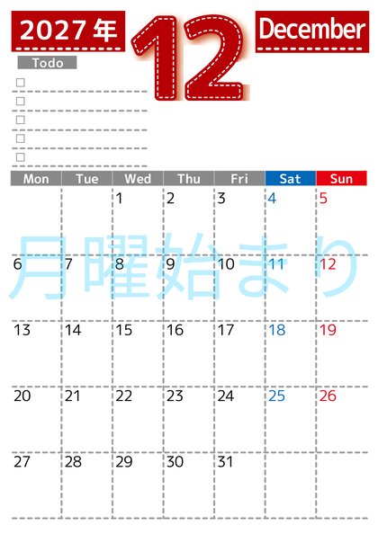 0147-2027年12月カレンダー 縦型・月曜始まり