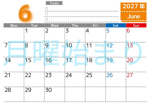 0147-2027年6月カレンダー 横型・月曜始まり