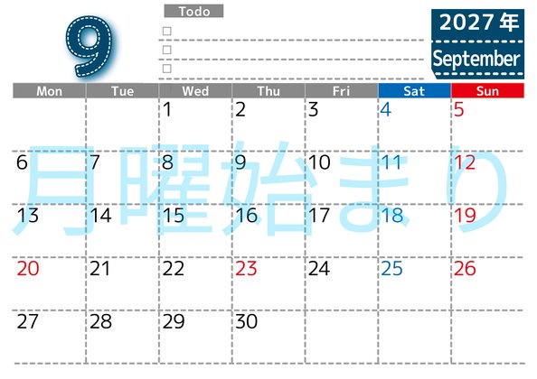 0147-2027年9月カレンダー 横型・月曜始まり
