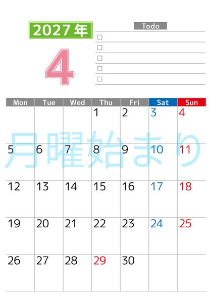 0148-2027年4月カレンダー 縦型・月曜始まり