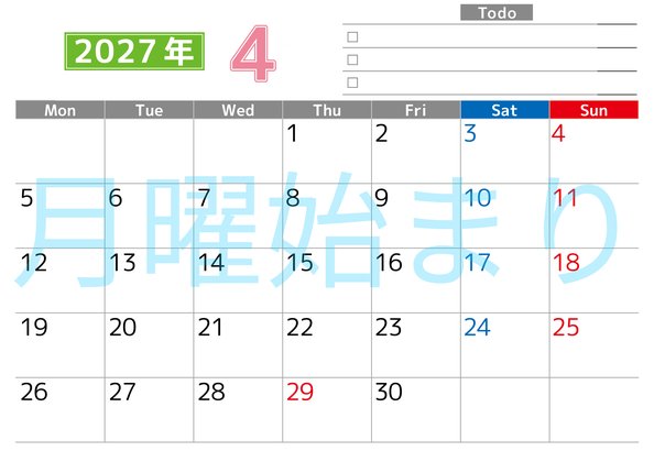 0148-2027年4月カレンダー 横型・月曜始まり
