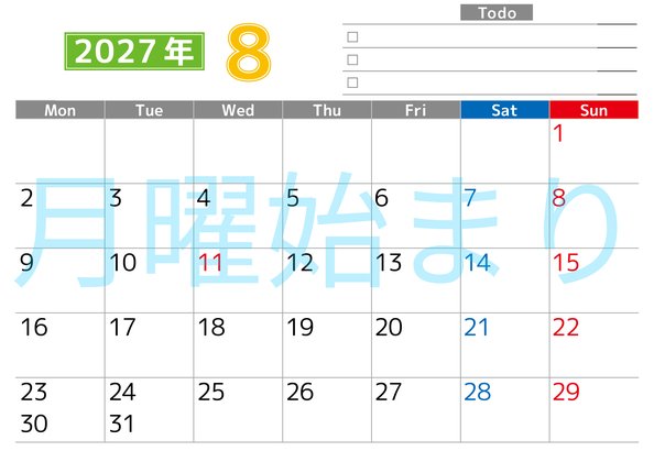 0148-2027年8月カレンダー 横型・月曜始まり