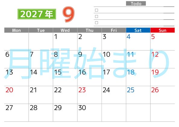 0148-2027年9月カレンダー 横型・月曜始まり