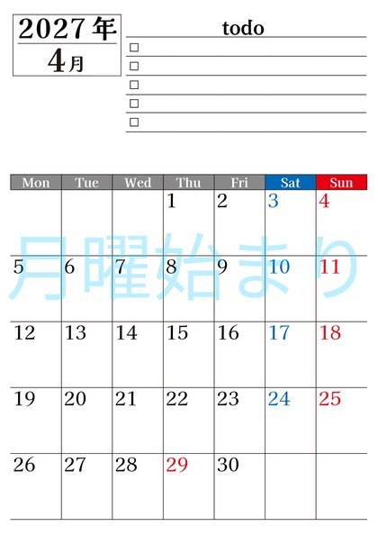0149-2027年4月カレンダー 縦型・月曜始まり