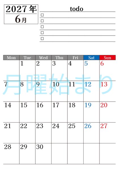 0149-2027年6月カレンダー 縦型・月曜始まり