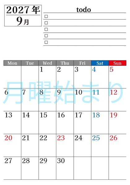 0149-2027年9月カレンダー 縦型・月曜始まり