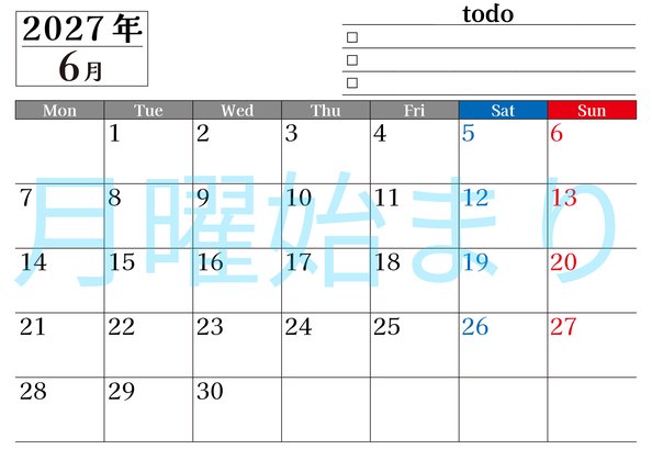 0149-2027年6月カレンダー 横型・月曜始まり
