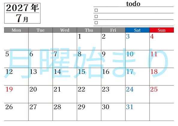 0149-2027年7月カレンダー 横型・月曜始まり