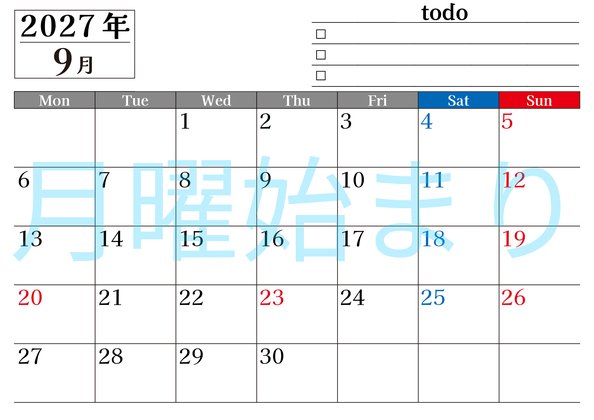 0149-2027年9月カレンダー 横型・月曜始まり
