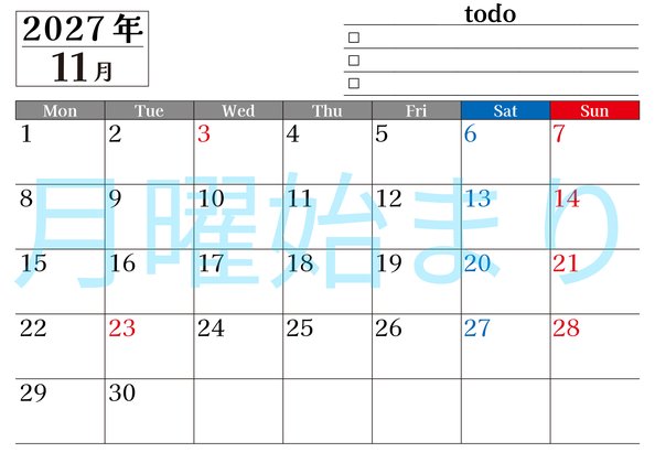 0149-2027年11月カレンダー 横型・月曜始まり