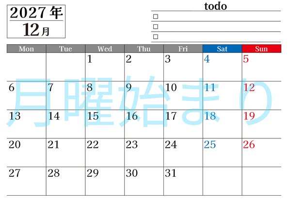 0149-2027年12月カレンダー 横型・月曜始まり