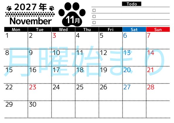 0150-2027年11月カレンダー 横型・月曜始まり
