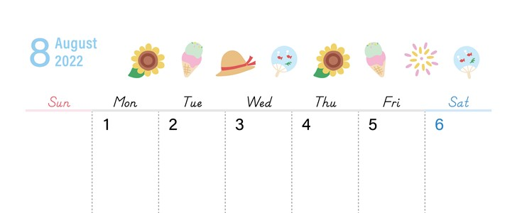 麦わら帽子のデザインがシンプルな縦型カレンダーPDF（2022年8月）