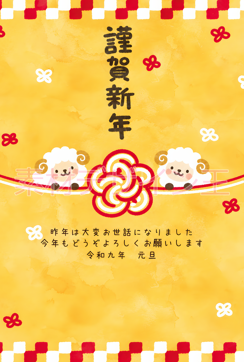 和風の水引イラストがおしゃれかわいい未年2027年の無料で使える年賀状