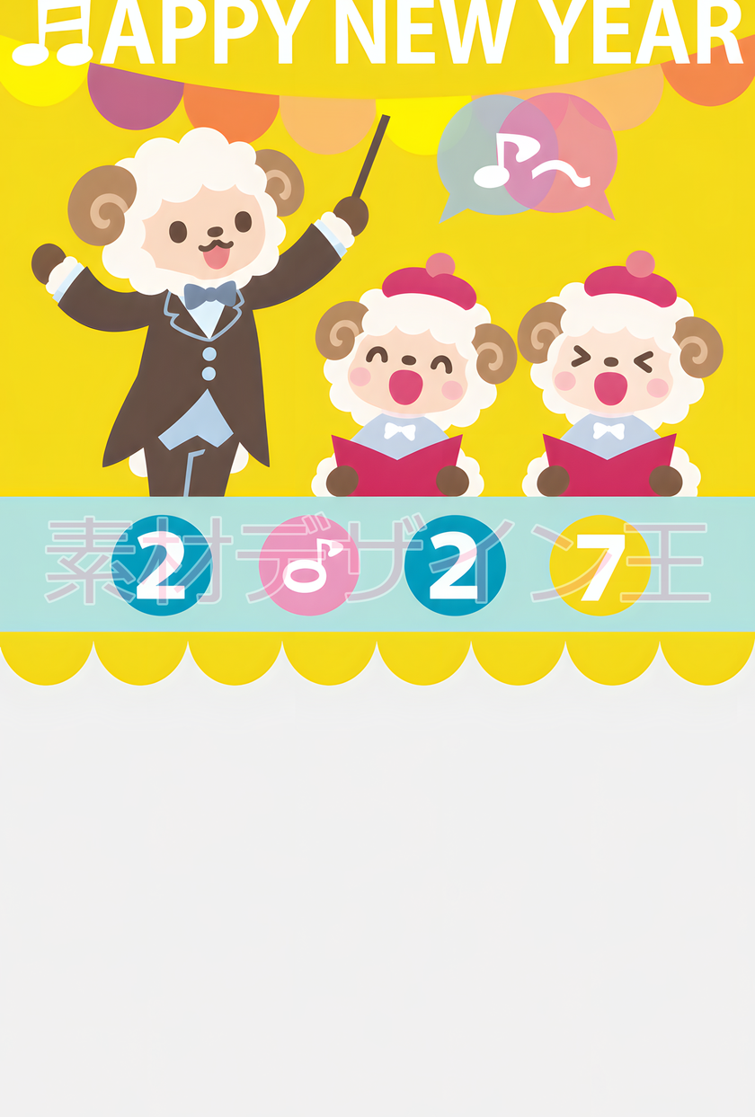 音楽をテーマにしたかわいい2027年のイラストテンプレートで未年の年賀状を送ろう
