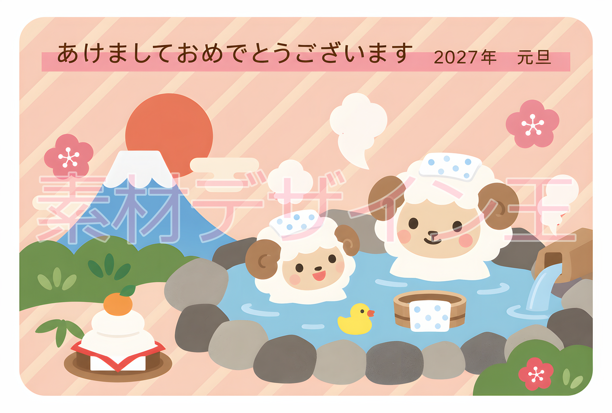温泉のイラストがかわいい年賀状で2027年のスタートダッシュを！無料未年イラスト