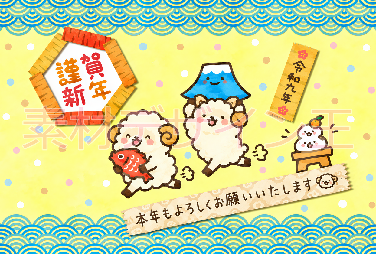 マスキングテープが可愛い年賀状！2027年用イラストテンプレート！和風で可愛い干支の羊！