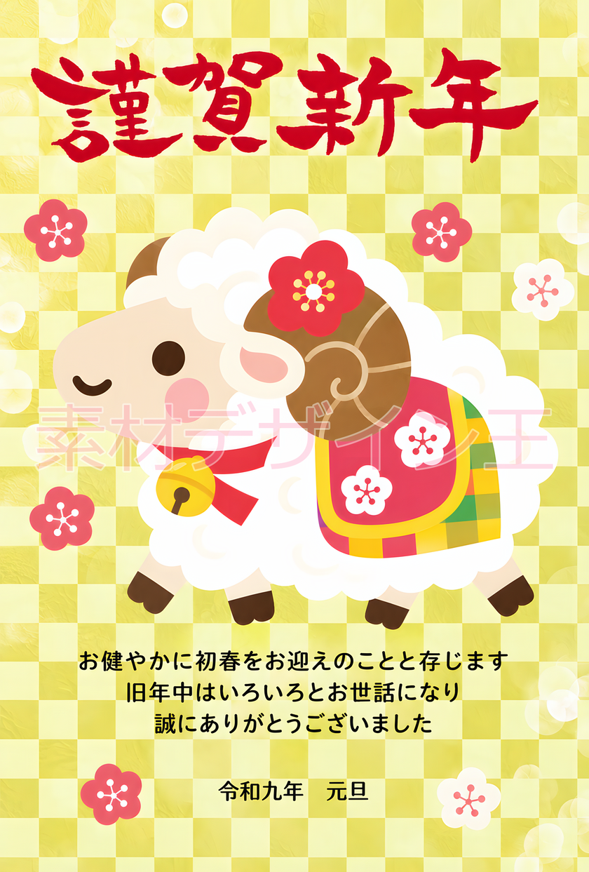 梅を飾った羊が和風でかわいい！縦型の羊年用2027年無料イラスト年賀状！