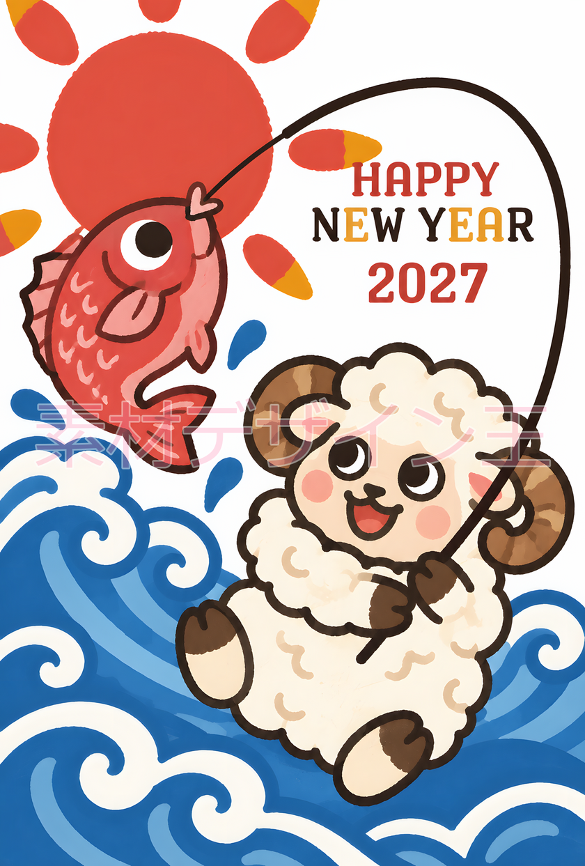 令和9年の可愛い無料の年賀状！趣味の釣りを楽しむ干支の羊のイラスト！ポップなデザイン！