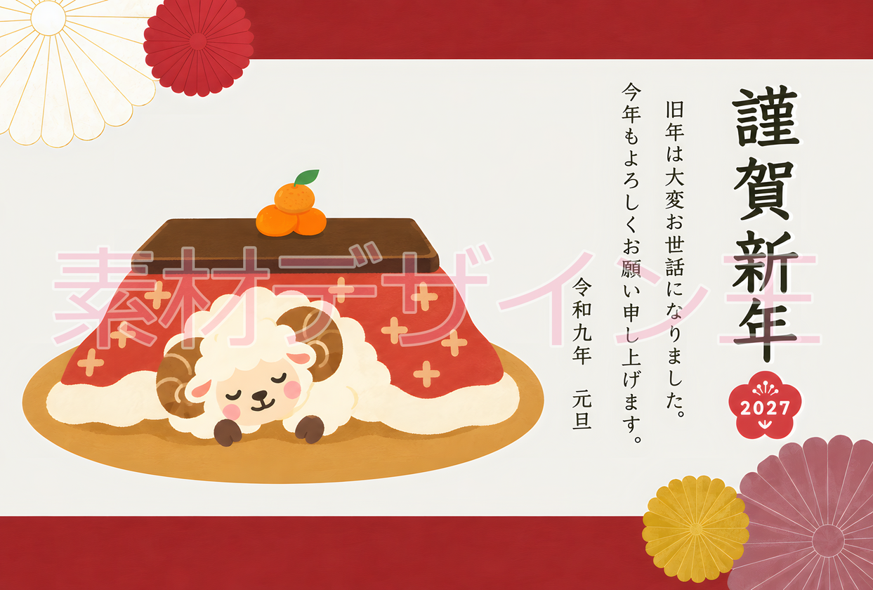 令和9年の年賀状！無料テンプレート！謹賀新年が見やすい和風でレトロなイラスト！