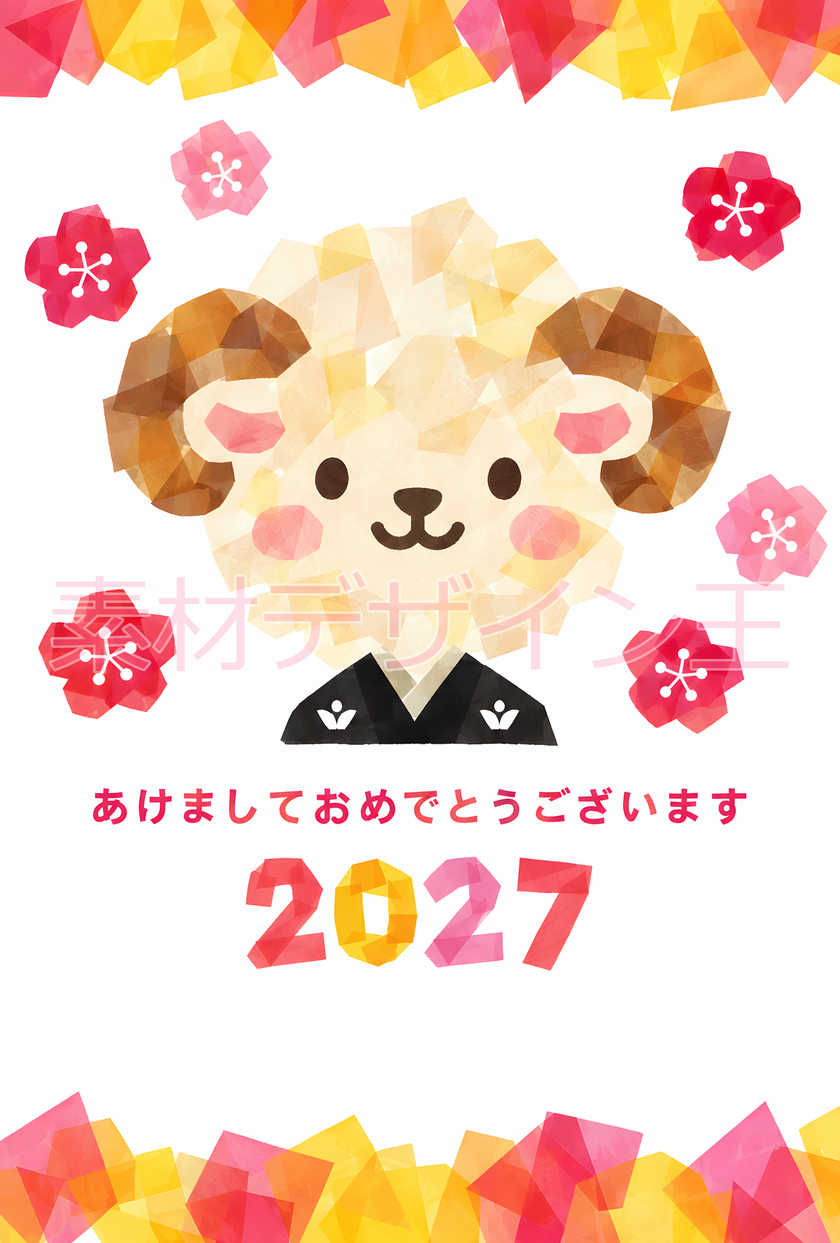 和風なちぎり絵デザインの令和9年用年賀状テンプレート！干支の羊が可愛いイラスト付き！