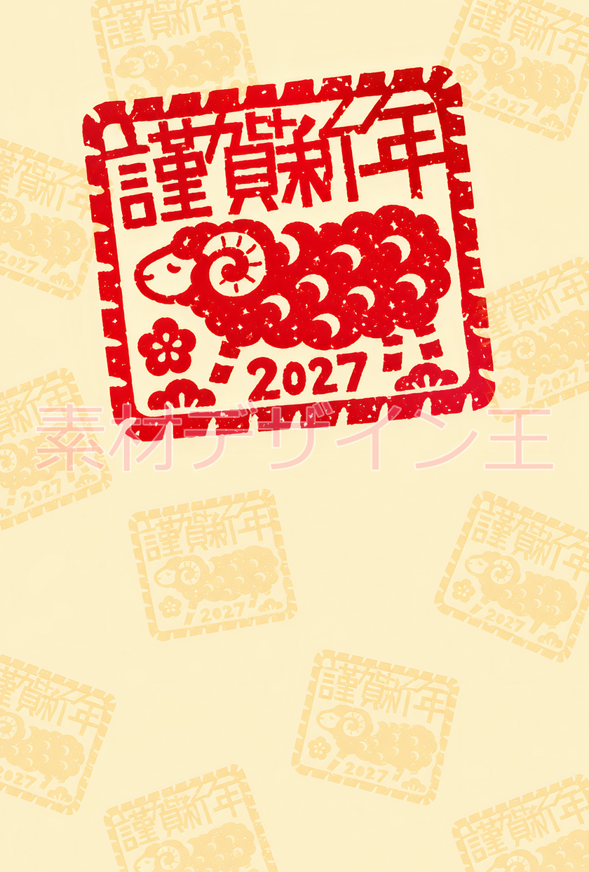 無料テンプレート！令和9年用の年賀状！消しゴムハンコ・版画テイストで干支の羊が可愛いイラスト！
