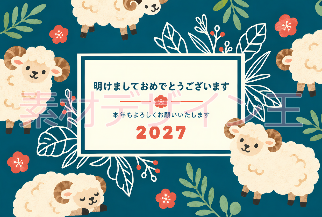 可愛い令和9年用の年賀状！干支の羊がレトロで可愛いデザインが使いやすいイラストテンプレート！