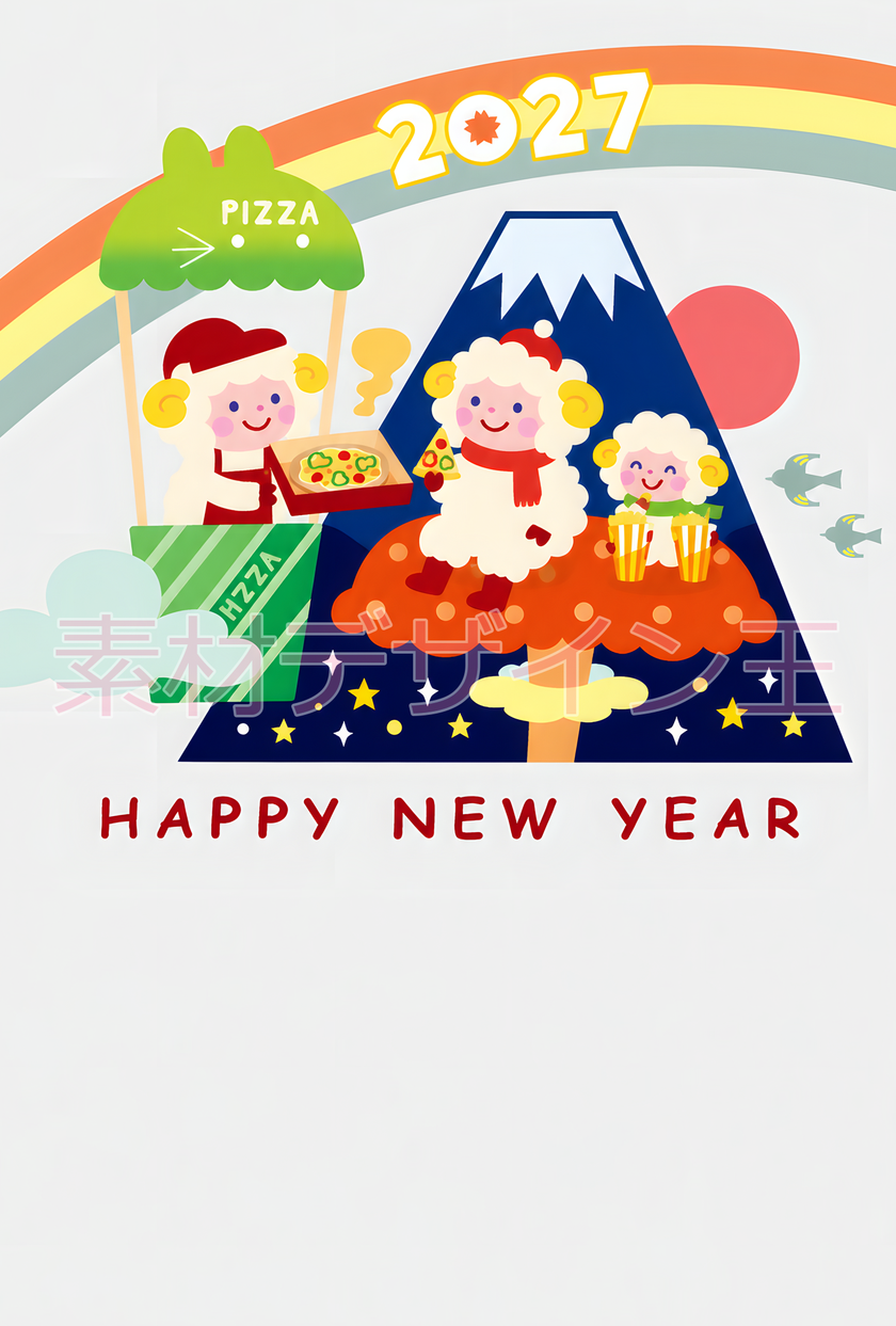 富士山と未のデザイン！ポップで可愛いイラストで2027年に使える無料の年賀状！「未年」