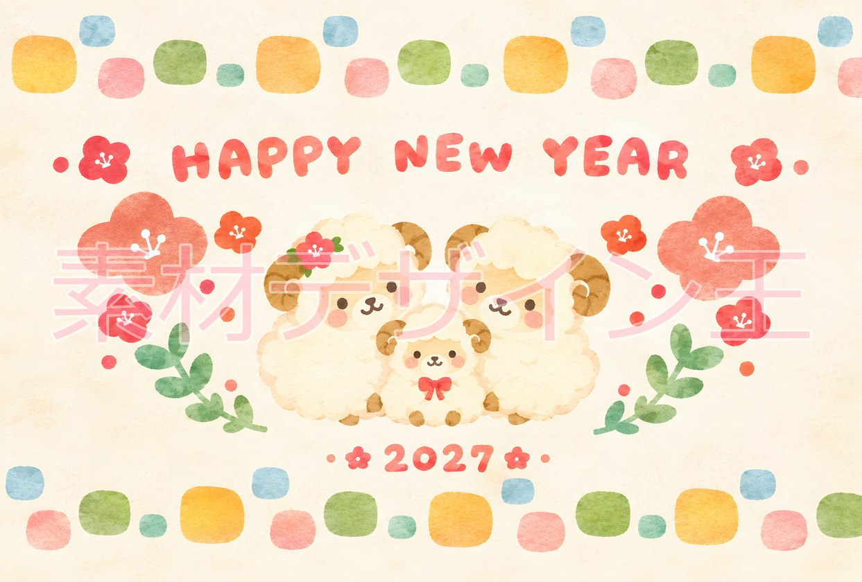 可愛い2027年の年賀状！無料イラストの干支の羊の赤ちゃん・親子がキュートでポップ！