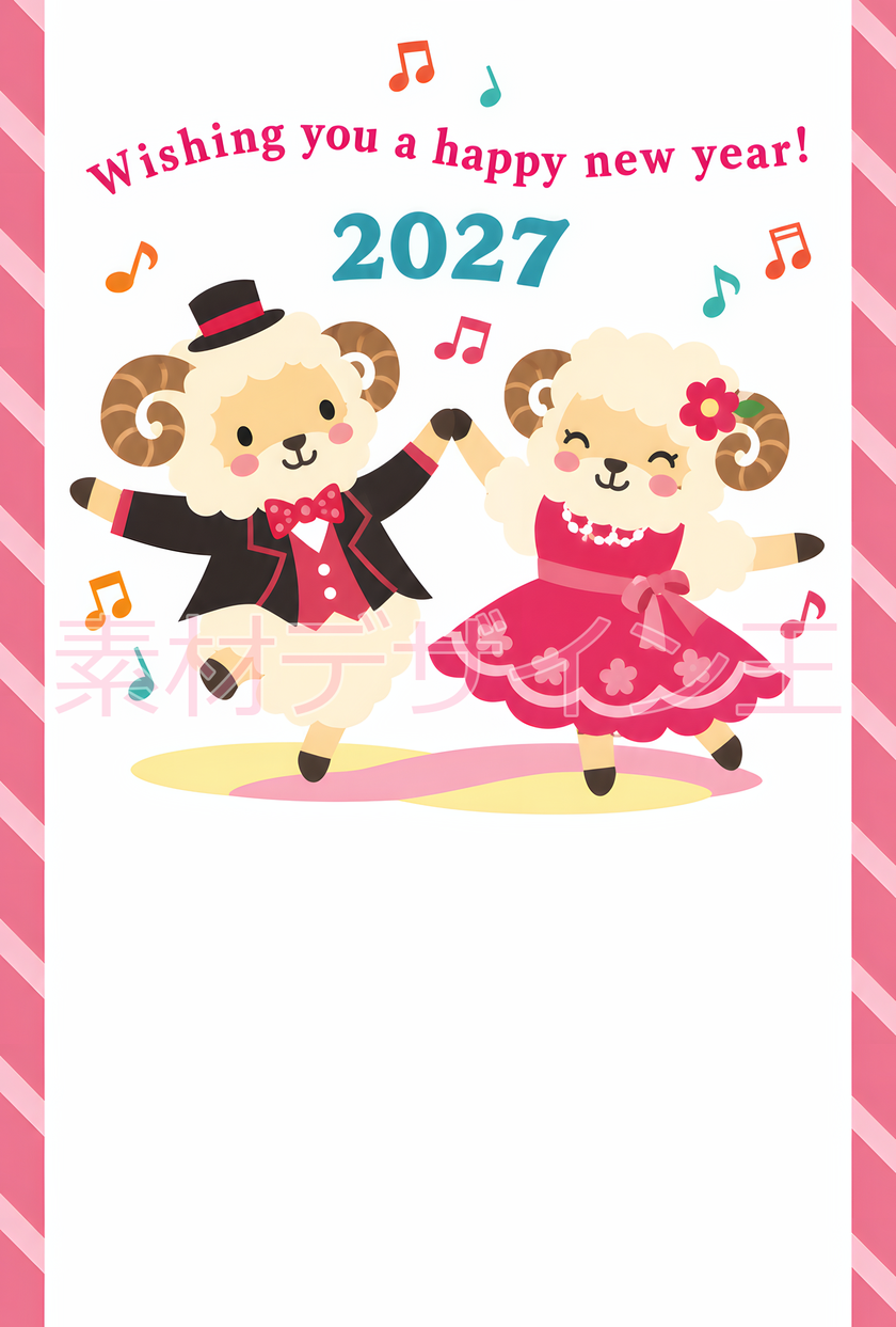 無料テンプレート！音楽・ダンスを楽しむ未が可愛い和風の年賀状！2027年・未年に使える！