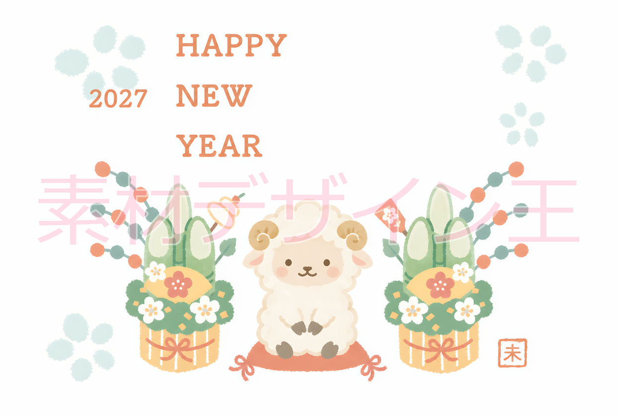 無料テンプレート！2027年の年賀状！干支の羊・門松がレトロで可愛いイラスト！