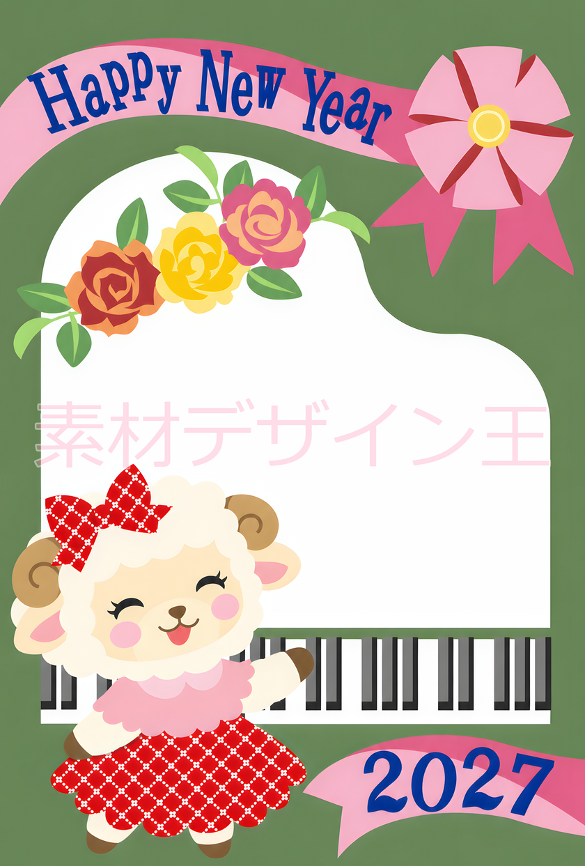 可愛い干支の羊がピアノを演奏！2027年の無料年賀状！レトロなイラスト！