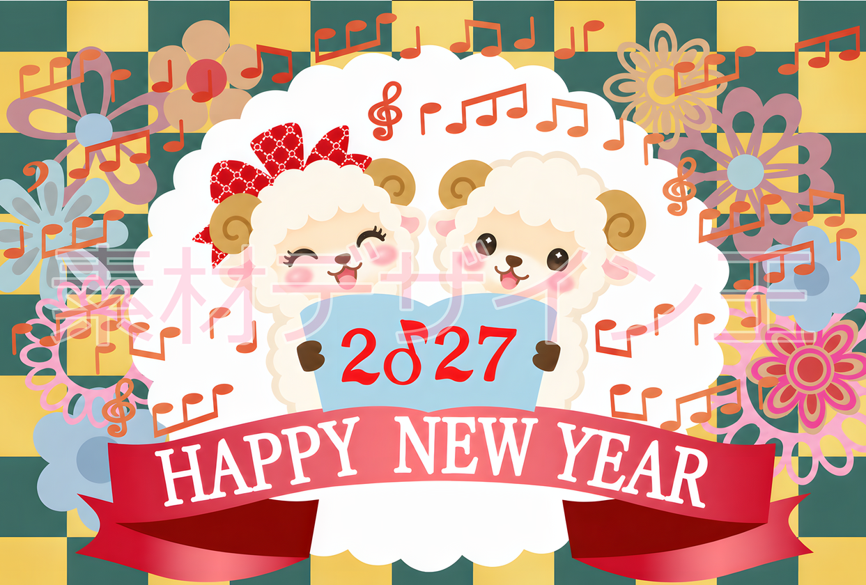 無料テンプレート！2027年用の年賀状！干支の羊が音楽を楽しむレトロで可愛いイラスト！