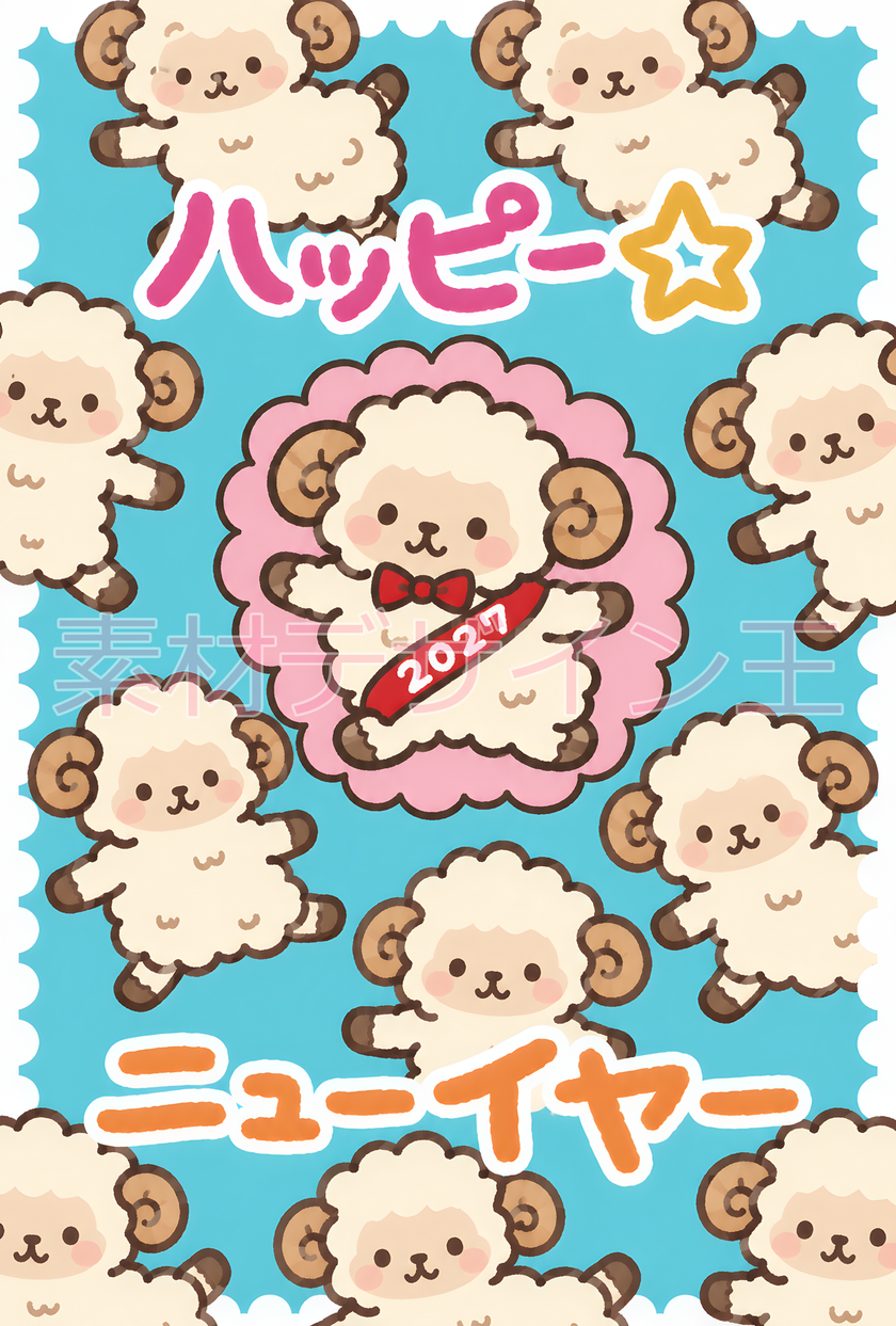 「無料」2027年に使える年賀状のテンプレート！干支の羊が背景になっているレトロ可愛いイラスト！