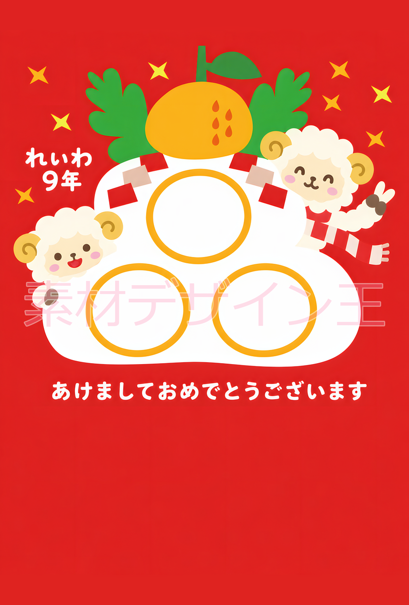 鏡餅に写真や画像をはめ込める！未年の可愛いポップな2027年用の年賀状！無料イラスト！