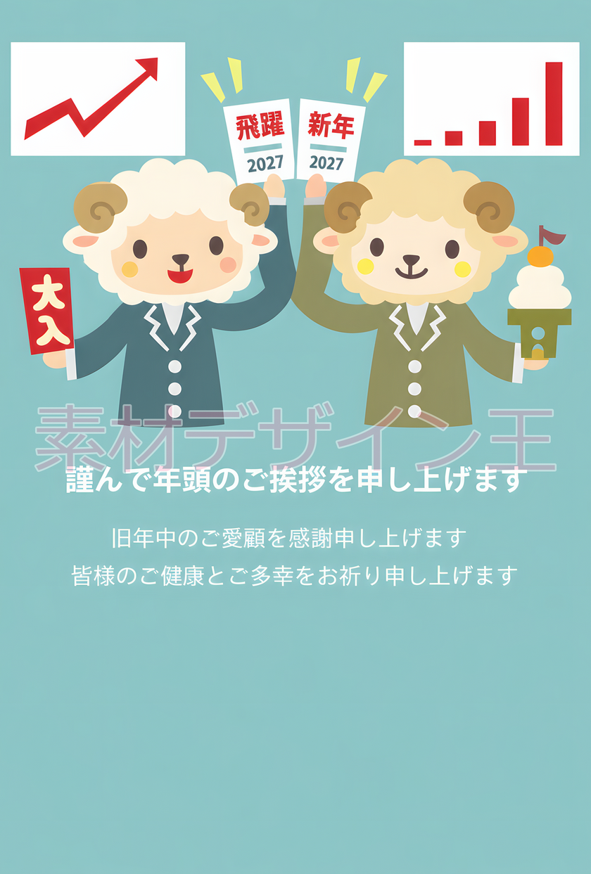 2027年は干支の羊がかわいいビジネス無料テンプレートでお客様に年賀状を（挨拶文有）