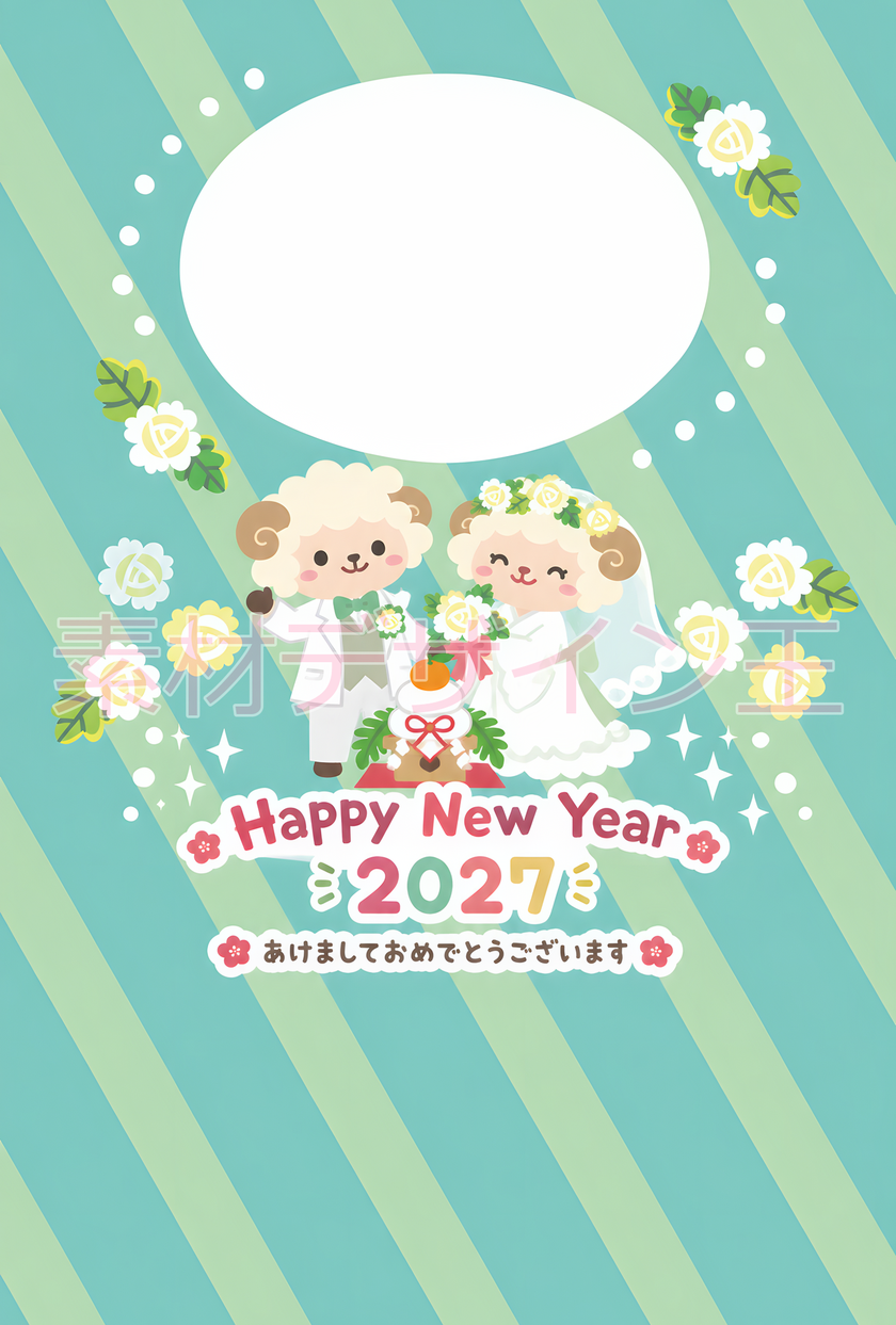 結婚報告が出来る2027年の無料年賀状が干支の羊イラストがかわいい
