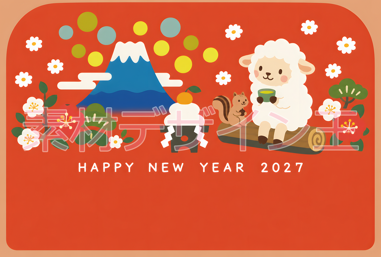 富士山がおしゃれな年賀状テンプレートは2027年に使える干支の羊イラスト付